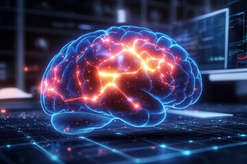 Glowing human brain digital hologram with neural network activity displayed in high-tech laboratory environment illustrating brain data processing and intelligence