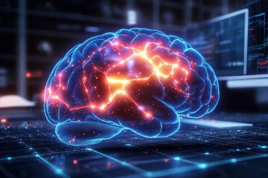 Glowing human brain digital hologram with neural network activity displayed in high-tech laboratory environment illustrating brain data processing and intelligence