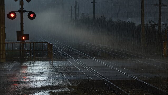 A dramatic scene of rain-swept railway tracks, the looming presence of the signals illuminated against the atmospheric rain creates a mood of contemplation, the rails disappear into the mist.