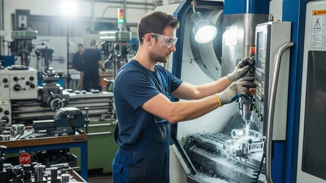 Manufacturing worker operating CNC milling machine for precision metalworking, showcasing industrial processes and skilled labor in advanced manufacturing.