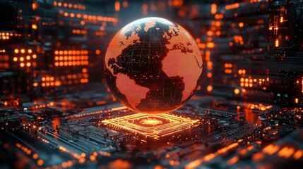 Glowing digital globe floating above a futuristic circuit board with vibrant orange lights in a high-tech dark environment