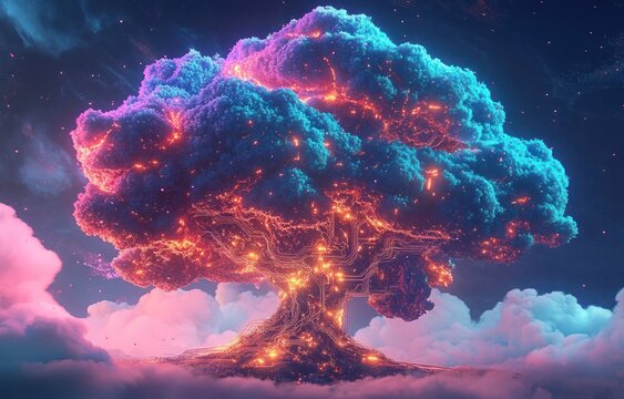 A large glowing tree emitting bright orange light resembling circuits embedded in its trunk and branches with a dense vibrant blue canopy surrounded by surreal clouds under a dark sky