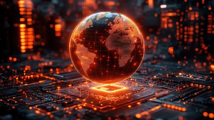 Fototapeta premium Glowing digital globe with continents illuminated in orange floating above a high-tech circuit board in a dark futuristic environment