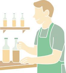 Barista Arranging Bottles on Shelf Illustration