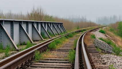 Obraz premium An old railway bridge over the tracks curving towards a tranquil scenery, featuring an architectural structure and a long journey ahead.