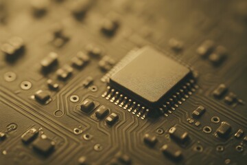 Detailed macro view of a central processing unit on a complex printed circuit board, symbolizing modern digital technology and innovation