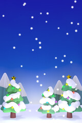 クリスマスツリーと雪景色の3DCG縦長風景