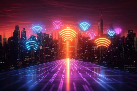 Futuristic city skyline at dusk with glowing neon wi-fi signal icons floating above skyscrapers and vibrant light trails leading into the city - Powered by Adobe