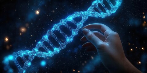 Hand gently holding a glowing blue digital representation of a DNA strand against a dark starry background, evoking a sense of scientific discovery and connection with genetics
