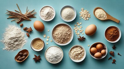 Flat lay of various baking ingredients including different flours, eggs, oats, spices, and nuts arranged on a blue surface evoking a warm and inviting cooking atmosphere