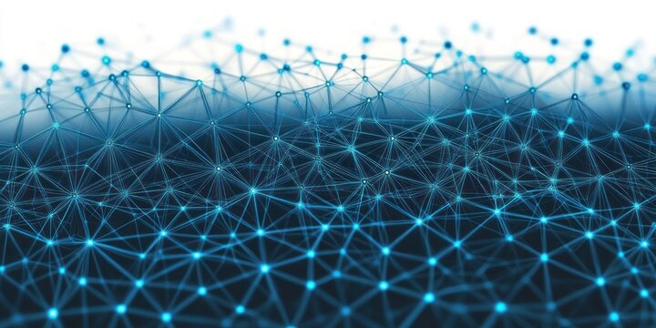Abstract visualization of a complex interconnected blue network with glowing points and lines on a dark background, representing a digital or technological web