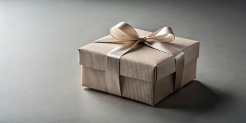 Obraz premium A delicately wrapped gift box, tied with a soft beige ribbon, sits on a neutral background, ready for a special occasion.
