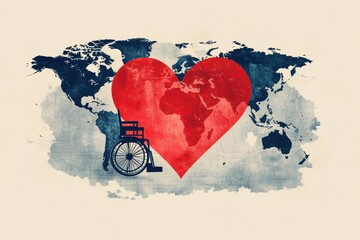 Illustration of a world map with a large red heart centered on Africa and Europe and a wheelchair silhouette beside it symbolizing care and support for disabled people worldwide