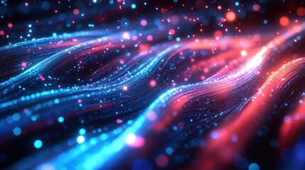 Abstract flowing digital waves with glowing blue and red particles creating a dynamic and futuristic light pattern