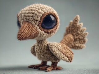 Obraz premium charming amigurumi moose 3d poster: a photorealistic handmade crochet toy for sports interiors, featuring textured yarn, adorable chibi design, and soft, natural lighting on a deep green background.