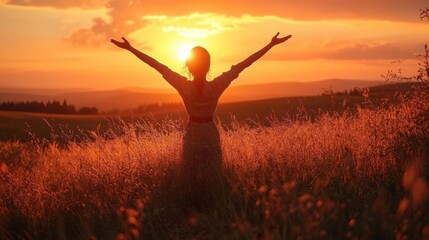 silhouette of person standing in a field with arms outstretched towards a vibrant orange sunset over rolling hills