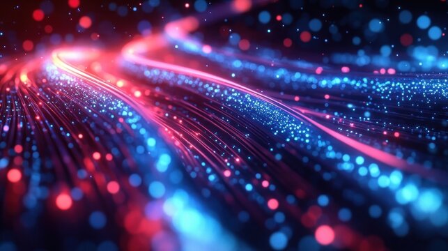 Close-up of flowing neon blue and red light trails with glowing particles creating a dynamic and futuristic atmosphere