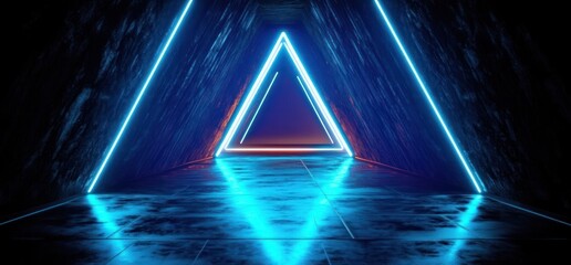 Futuristic dark corridor with glowing blue neon triangular neon light installation reflecting on polished floor creating symmetrical geometric pattern