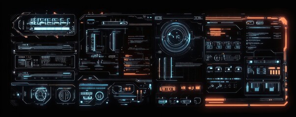 Futuristic digital interface with neon blue and orange holographic data panels and controls on a black background, presenting complex technological and scientific information