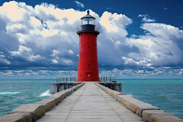Tall red lighthouse at the end of a stone pier extending into a calm sea under a dramatic cloudy blue sky