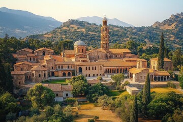 Obraz premium Ancient stone monastery complex with tall bell tower nestled in a lush valley surrounded by green trees and mountainous landscape under clear sky
