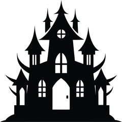 Black Silhouette of a Spooky Haunted Castle with Multiple Towers and Arched Windows haunted house mansion