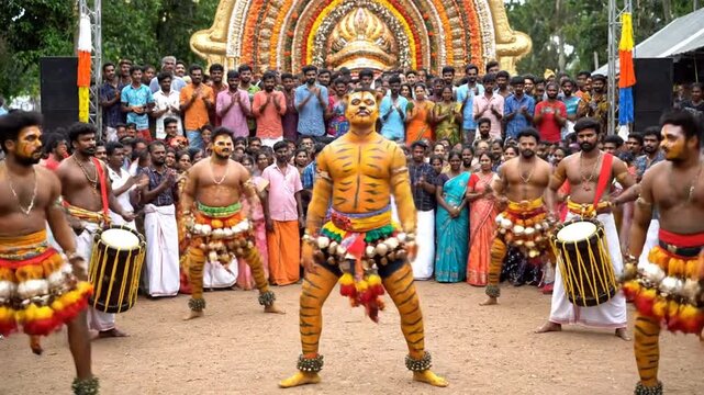 Pulikali dancers in vivid tiger face paint and costumes performing in daylight with festive crowd