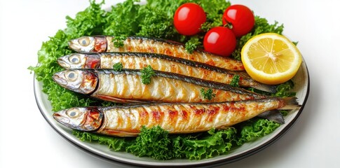 Plate of four grilled whole fish served on a bed of fresh green lettuce with cherry tomatoes and half a lemon slice, garnished with parsley