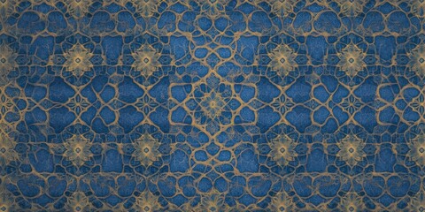 intricate golden floral and geometric pattern on royal blue textured background creating symmetrical decorative design