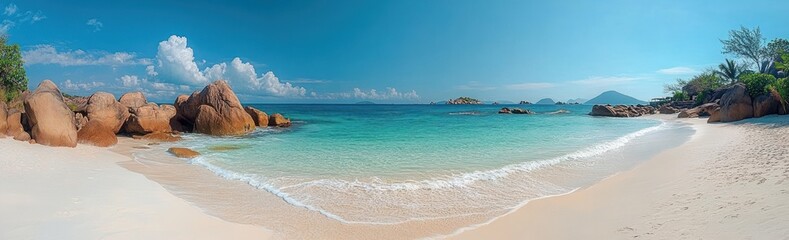 Fototapeta premium Serene tropical beach with white sand, turquoise water, scattered large rocks, green vegetation, and a few distant islands under a clear blue sky with some clouds