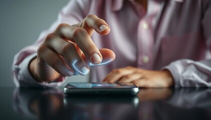 Person using smartphone with glowing digital interface and finger interaction mobile phone technology