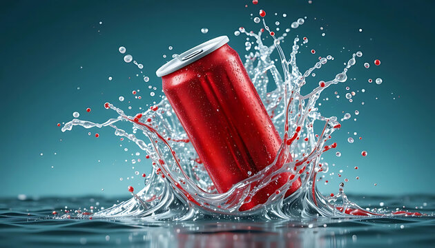 Red aluminum soda can splashing into water, symbolizing refreshment, energy drinks, and product advertising.