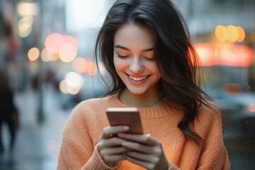 Smiling young woman in an orange sweater looking at smartphone on a city street with blurred lights in the background