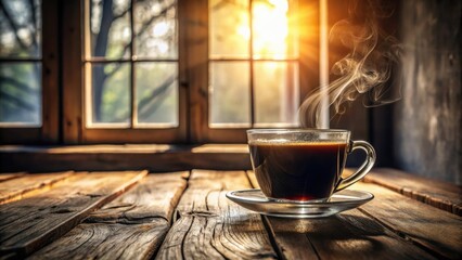 Fototapeta premium Aromatic Coffee Steaming in Glass Cup on Rustic Wooden Table by Window with Sunlight Streaming Through