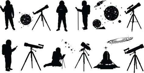 Astronaut silhouettes, telescope observation, space exploration, stargazing, astronomy tools, galaxy icons, cosmic discovery, planets, stars, science silhouettes