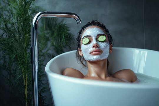woman relaxing in a bathtub with a facial mask and cucumber slices on her eyes surrounded by green plants and modern faucet - Powered by Adobe