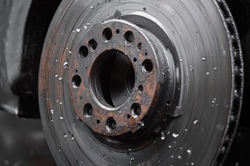 Close-up of a worn and rusty car brake disc rotor with scattered metal shavings and visible surface grooves