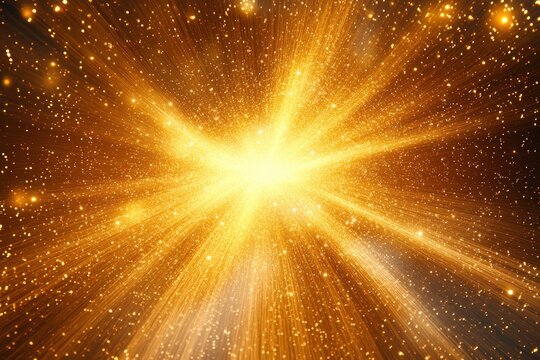 Bright golden light burst with radiating rays and sparkling particles creating a dazzling glowing effect
