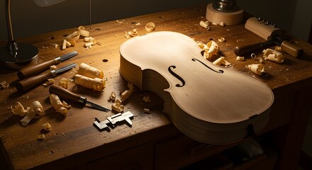 A violin under construction on a luthier's workbench, a powerful symbol of masterful craftsmanship, dedication, and the art of creation