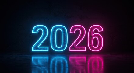 Glowing Neon 2026: Futuristic New Year's Eve Countdown with Reflective Surface