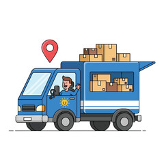 Fototapeta premium Cartoon illustration of a blue delivery truck with a driver waving, carrying boxes, and marked with a location pin.