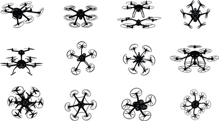 Collection of various drone silhouettes, quadcopters, hexacopters, octocopters, UAVs, aerial technology, flying drones, unmanned aerial vehicles, black drone icons