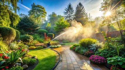 Serene Sunrise Garden Sprinkler System Watering Lush Greenery and Vibrant Blooms on a Sunny Morning