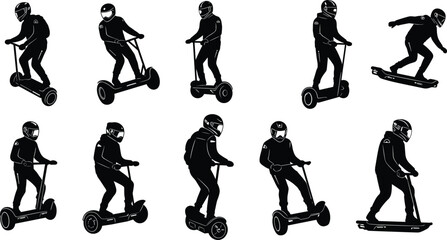 People riding electric scooters, hoverboards, protective gear, helmets, urban transport, personal mobility, modern commuting, active lifestyle, safety equipment, technology.