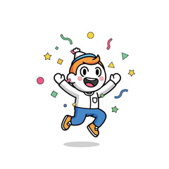 Cartoon boy jumping with excitement amidst colorful confetti, celebrating a joyful occasion.