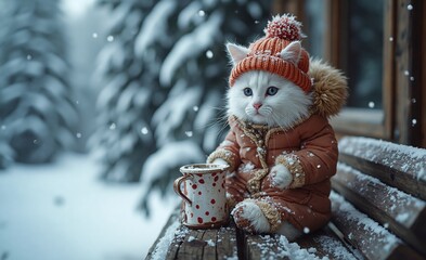 A fluffy white cat in a cozy orange winter outfit sits on a snowy bench, holding a polka-dotted mug, gazing thoughtfully at the serene snow-covered forest.