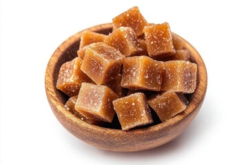 wooden bowl filled with small brown sugar cubes coated with granulated sugar on a white background