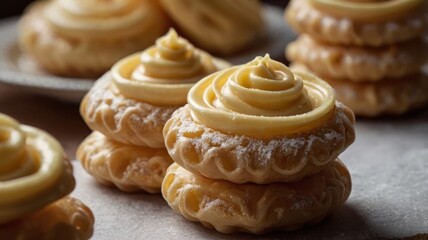 Three stacks of creamfilled pastries dusted with powdered sugar