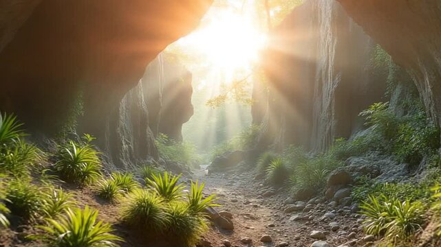 inside a limestone cave with plants and sun shine