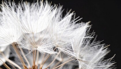 綿毛のクローズアップ　タンポポの繊細な構造　黒い背景